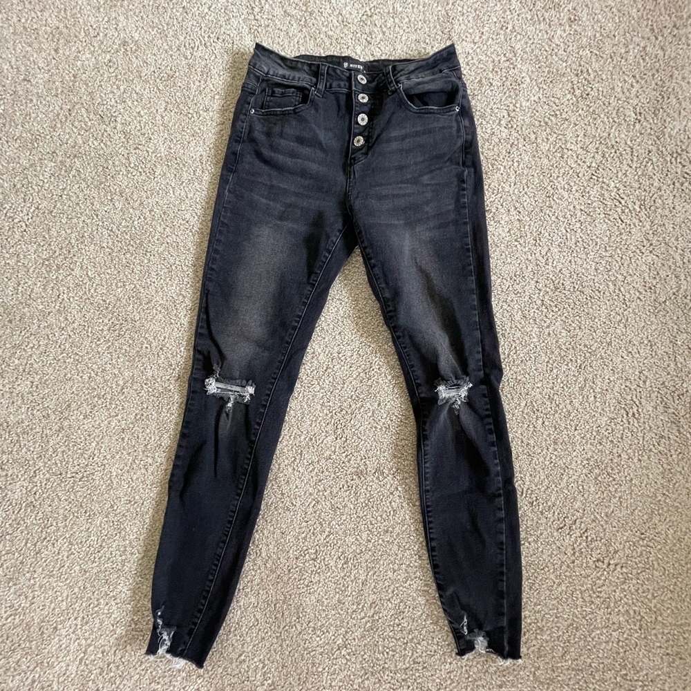 BTFBM Black High Rise Button Fly Distressed Skinny Jeans S Raw Hem Stretch